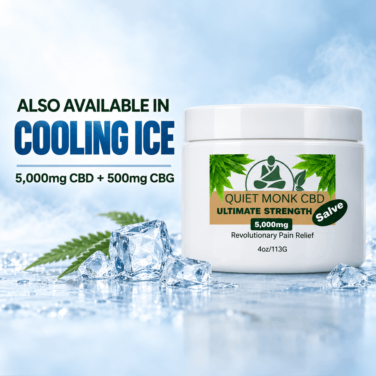 Quiet Monk 5000mg CBD and 500mg CBG salve available in Cooling Ice