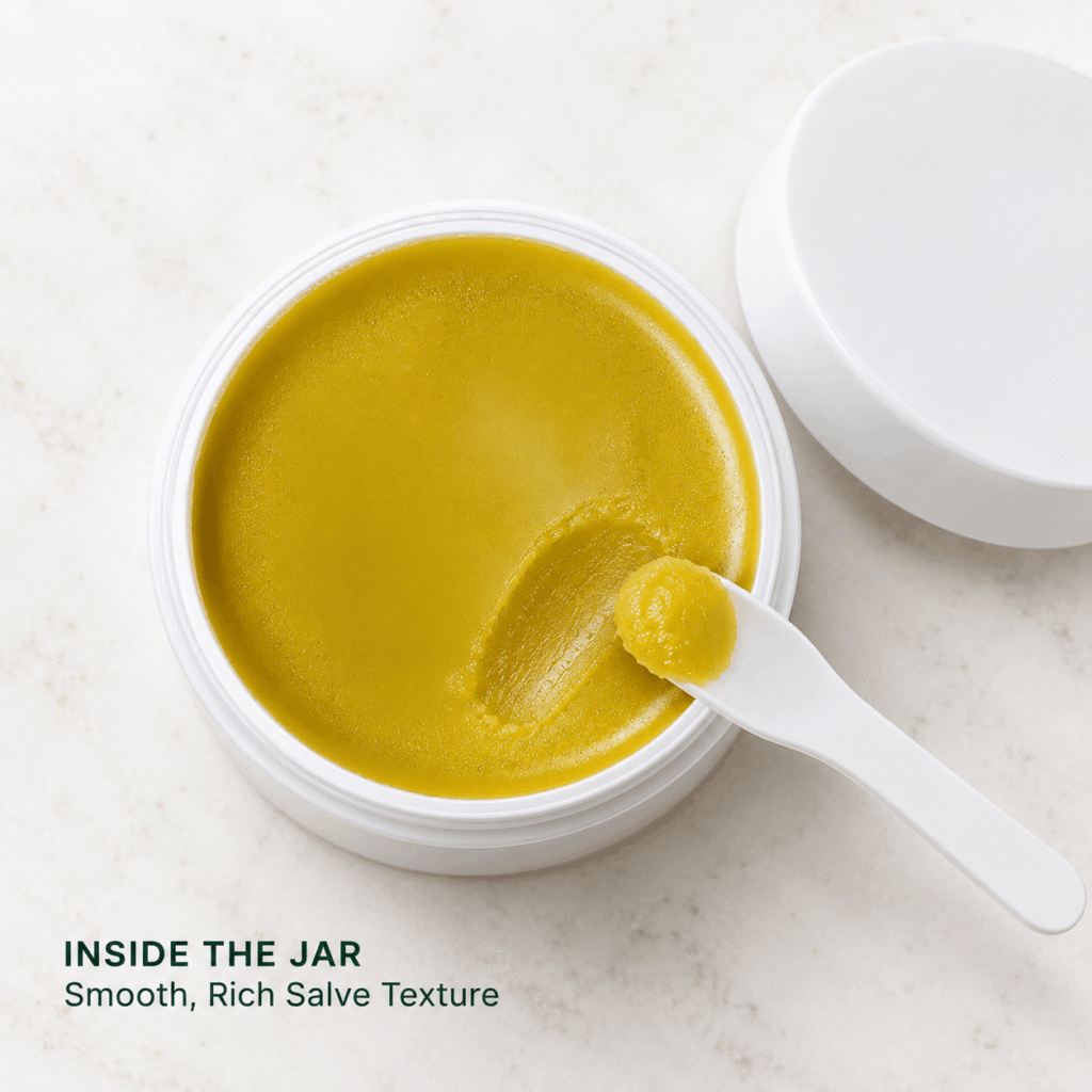 Inside the jar showing the smooth golden texture of Quiet Monk CBD salve