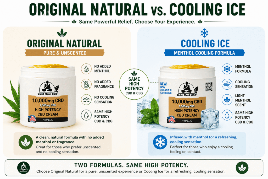 Quiet Monk 10,000mg high-strength CBD cream in Original Natural and Cooling Ice formula