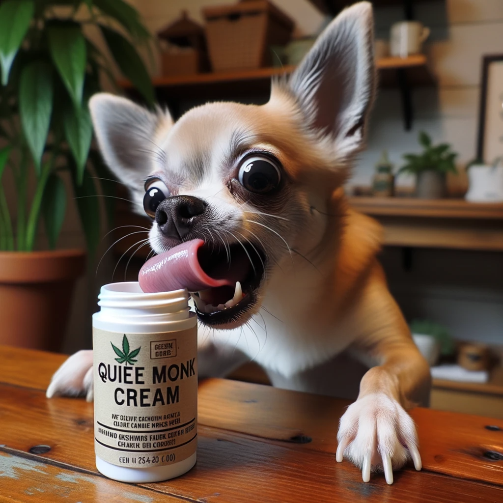 Dog opening a jar of quiet monk dog cbd cream