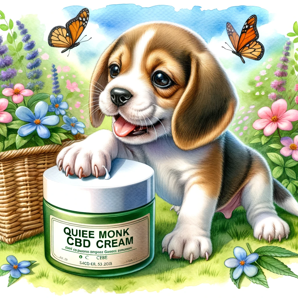 puppy pawing at a container of Quiet Monk Dog CBD Cream