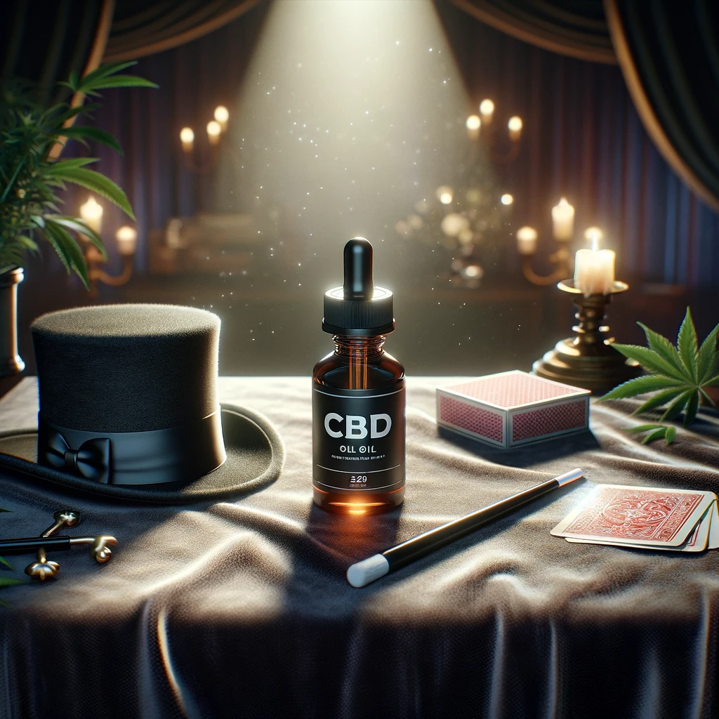 CBD oil bottle in a magician-themed setting