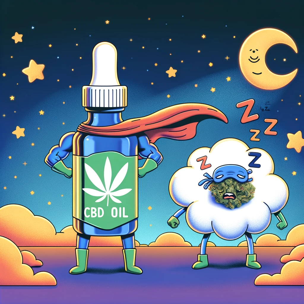 a bottle of CBD oil as a superhero, fighting against insomnia