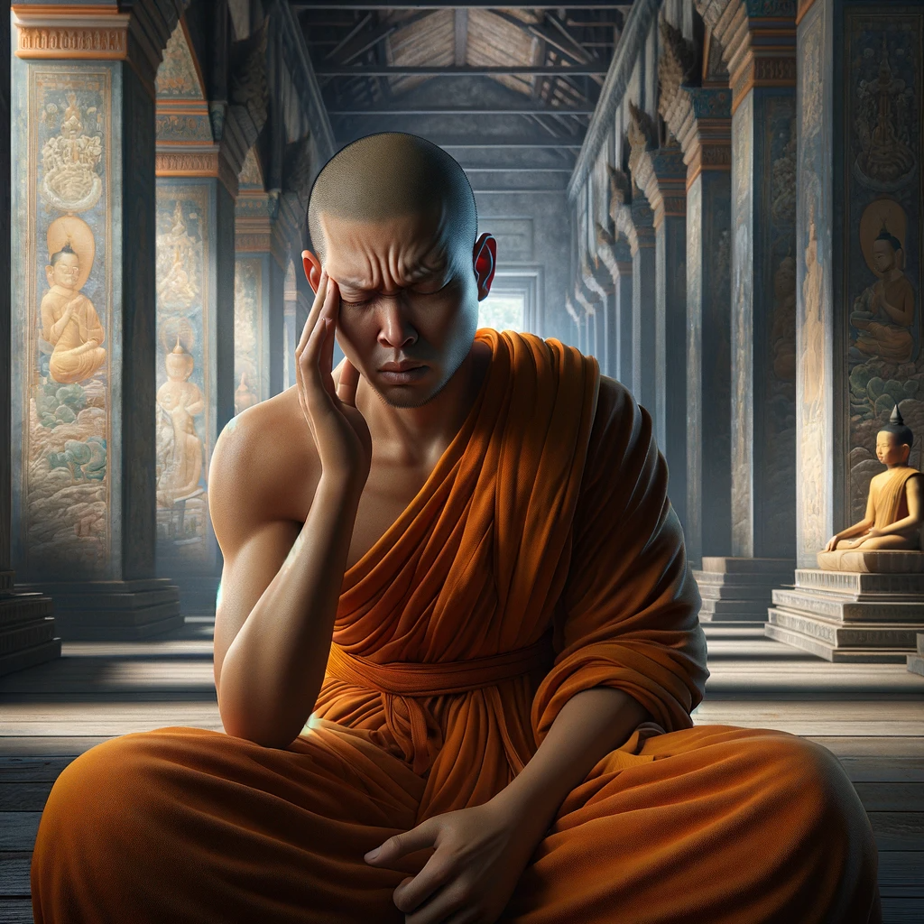 a sitting monk experiencing a headache