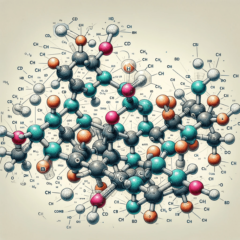 scientific illustration showing the molecular structure of Cannabidiol (CBD)