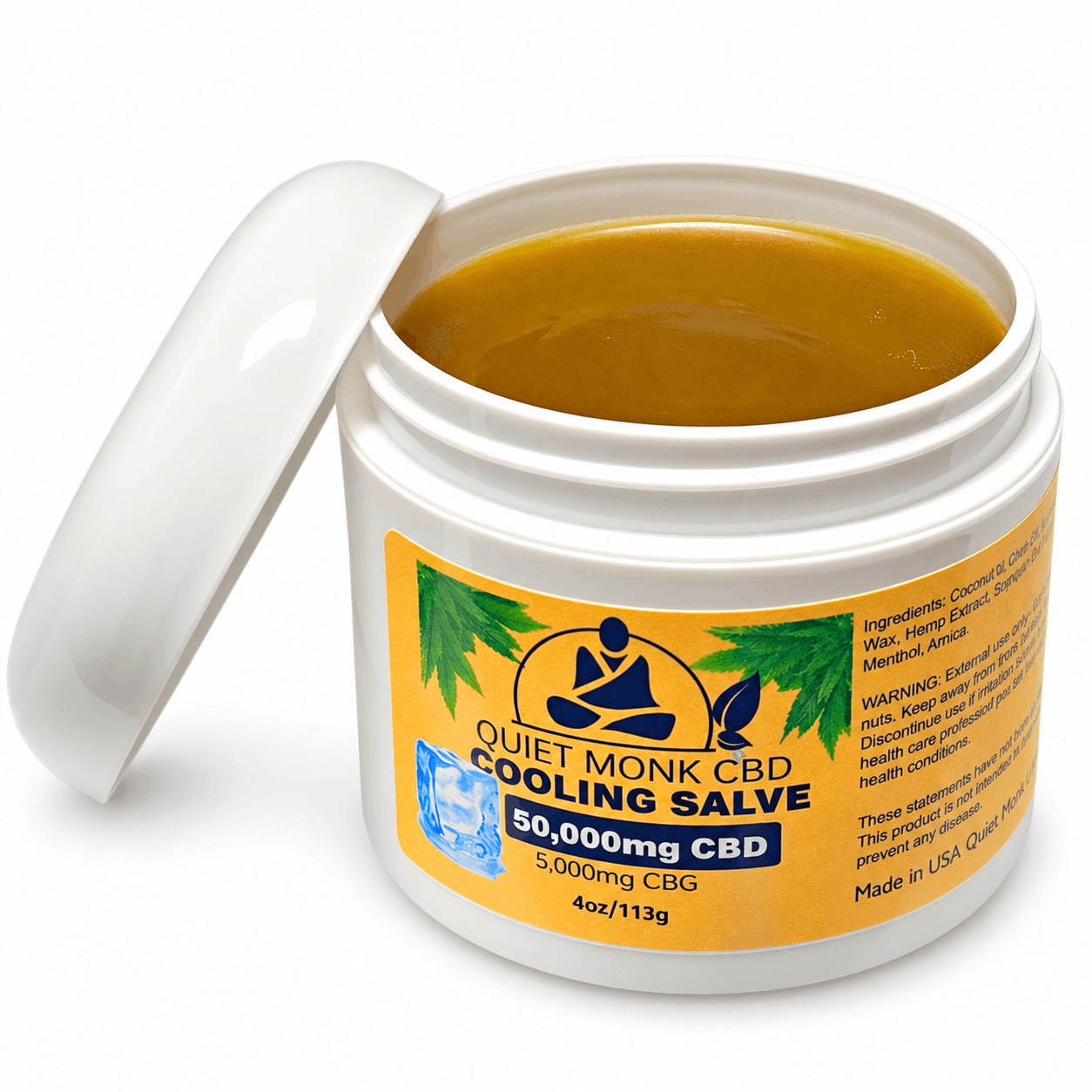 Open jar of cooling CBD salve 50000mg