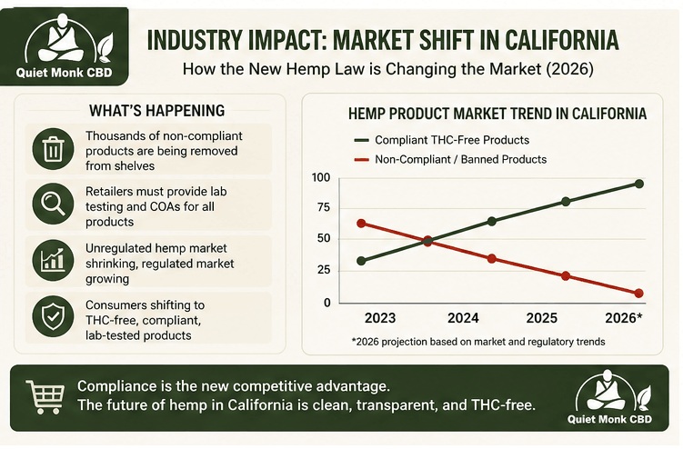 California hemp market shift chart showing growth of compliant THC-free CBD products and decline of non-compliant hemp products after 2026 law