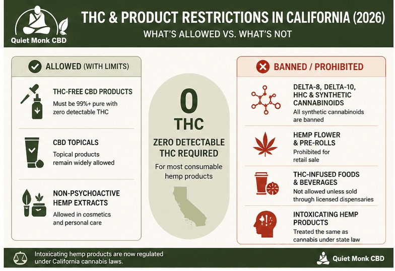 California hemp THC law 2026 chart showing allowed CBD products and banned items like delta-8, THCA flower, and THC-infused products