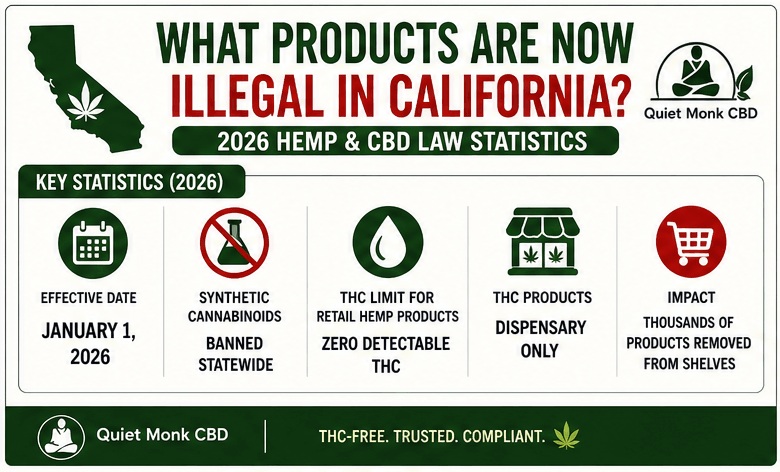 California hemp law statistics 2026 showing new THC rules, product bans, zero detectable THC requirements, and dispensary-only THC sales
