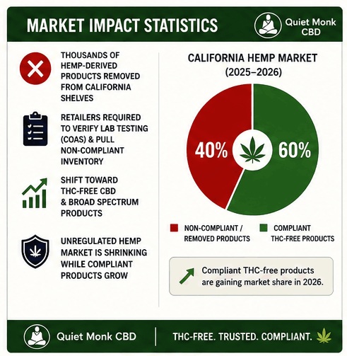 California hemp market impact chart 2026 showing growth of compliant THC-free CBD products and decline of non-compliant hemp products